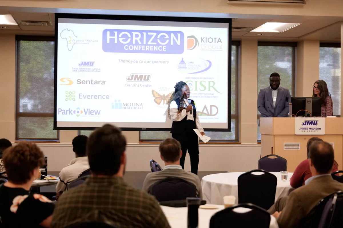 A Vijana Africa speaker presenting at the 2024 Horizon Conference, co-organized with Kiota Global at James Madison University.