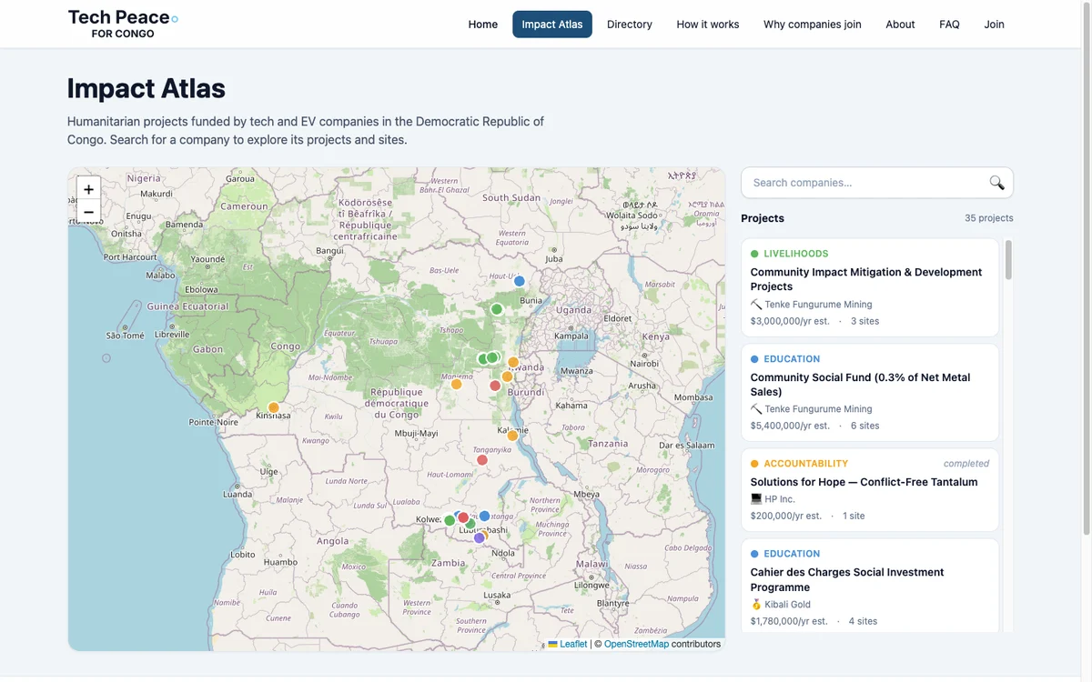 Tech Peace for Congo’s Impact Atlas, mapping proposed humanitarian-project pledges from tech and EV companies across the DRC alongside a project list.